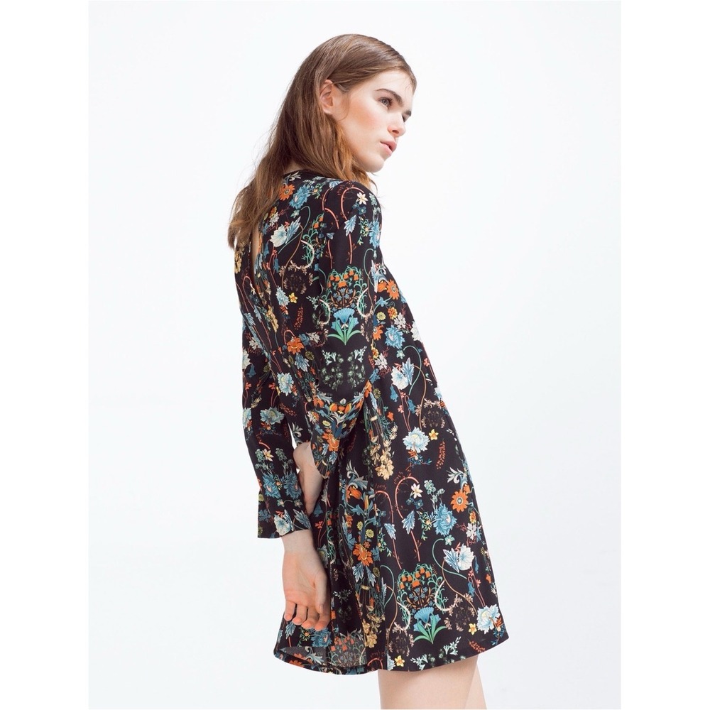 Zara Woman Floral Long Sleeve Mini Dress M Black